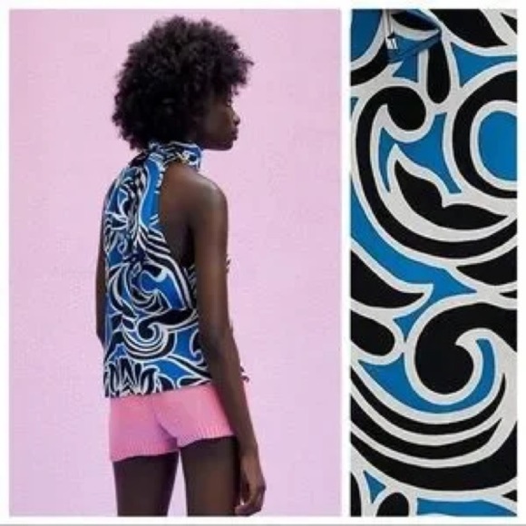 New Zara Abstract Print Draped Halter Top Sz Medium - Picture 2 of 5